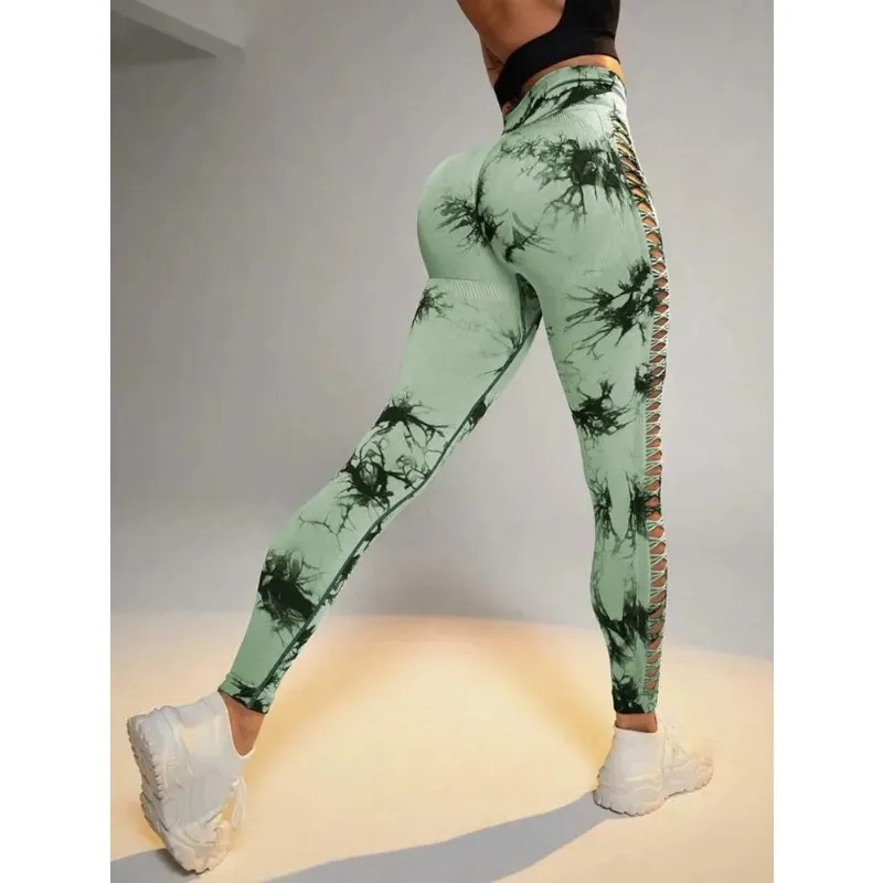 Women Tie Dye Hollow Out Leggings Sports Yoga Pants Fitness Sportswear Sexy High Waist Push Up Gym Tights Running Leggings