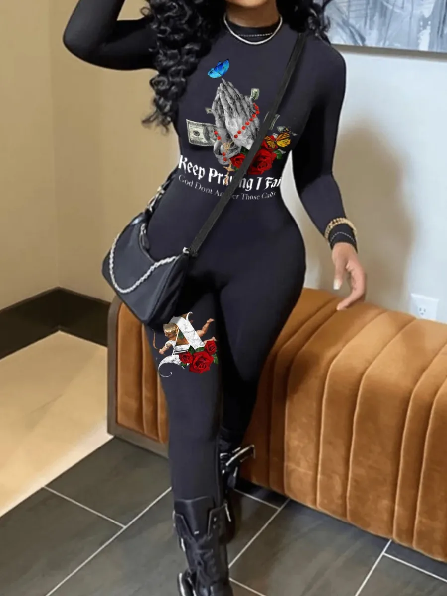 LW-monos ajustados con estampado de letras para mujer, mono de manga larga, mono ajustado para Halloween, Otoño, nuevo