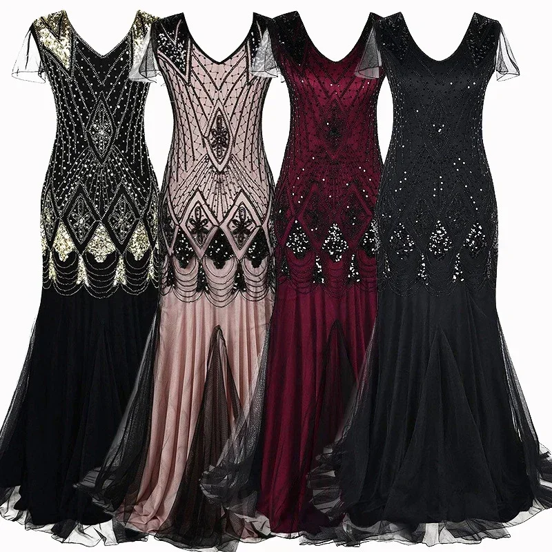 Retro 1920s Flapper Long Sequin Dress Banquet Party Evening Dress Ladies Gatsby Dress Wedding Gown Stage Cosplay Costume