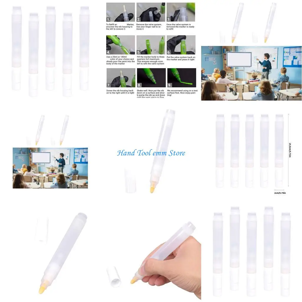 

H37F Pack Of 5 6.5mm Round Tip Reusable Acrylic Paint Markers For Watercolor Art Leather And Crafts With Smooth Nylons Brush