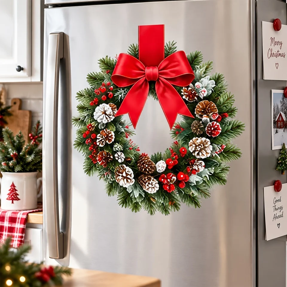Wall Stickers Christmas Wreath Red Bow Pine Cones Snowy Berries Self Adhesive Removable Waterproof Vinyl Kitchen Holiday Decals