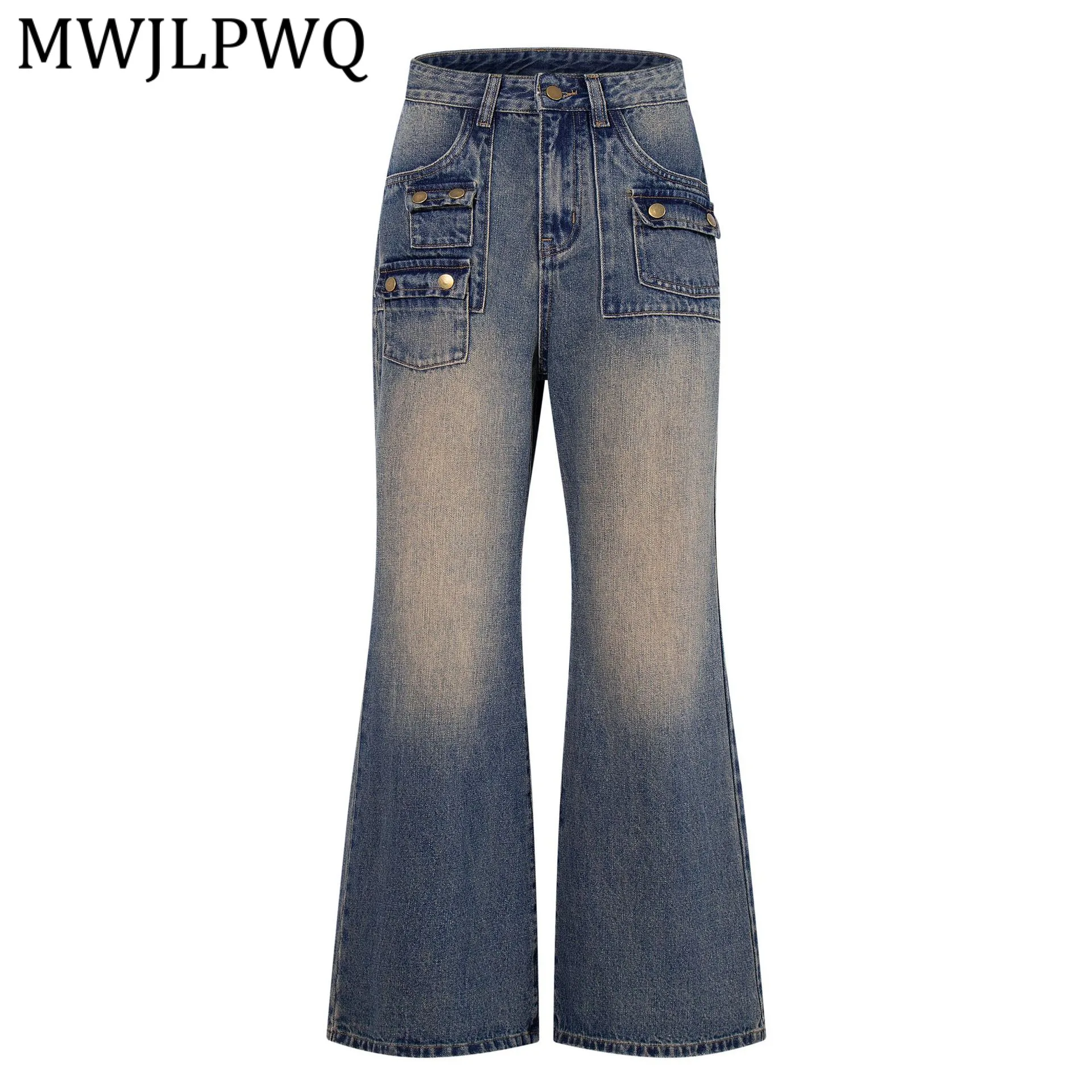 

MWJLPWQ American Retro High-Waisted Slim Fit Flared Jeans For Women Washed Distressed Multi Pocket Casual Trousers Spring 14675