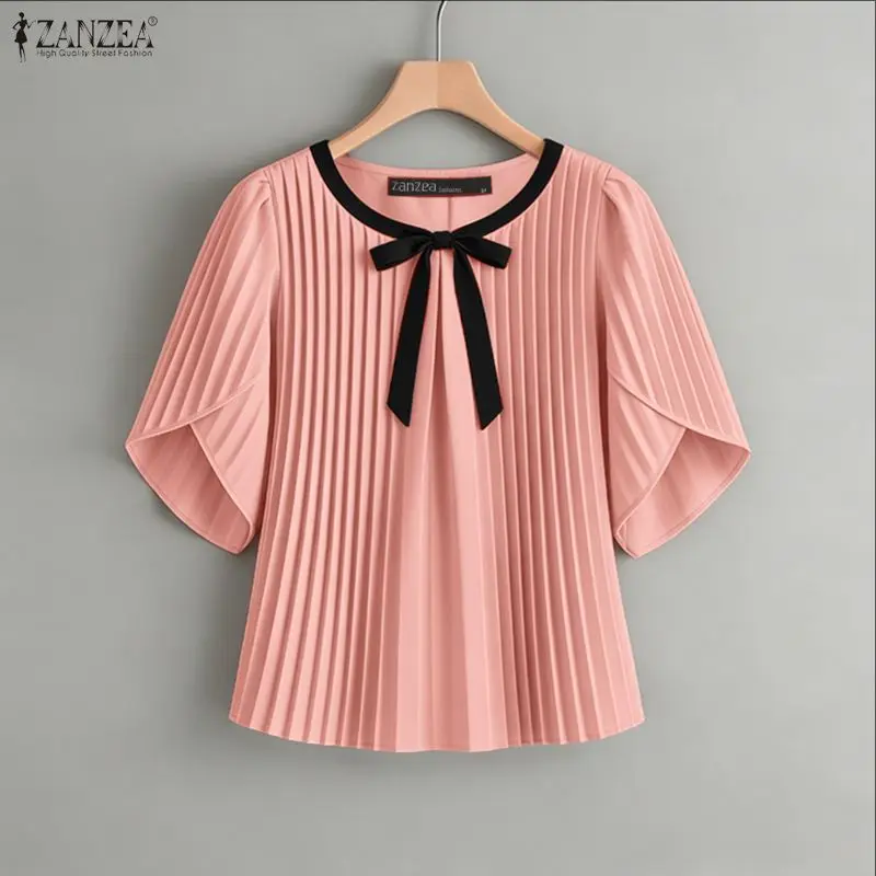 2026 Summer Blouse ZANZEA Elegant Women Short Petal Sleeve Pleated Work Tops Stylish Shirt Casual Patchwork Holiday Tunic Mujer