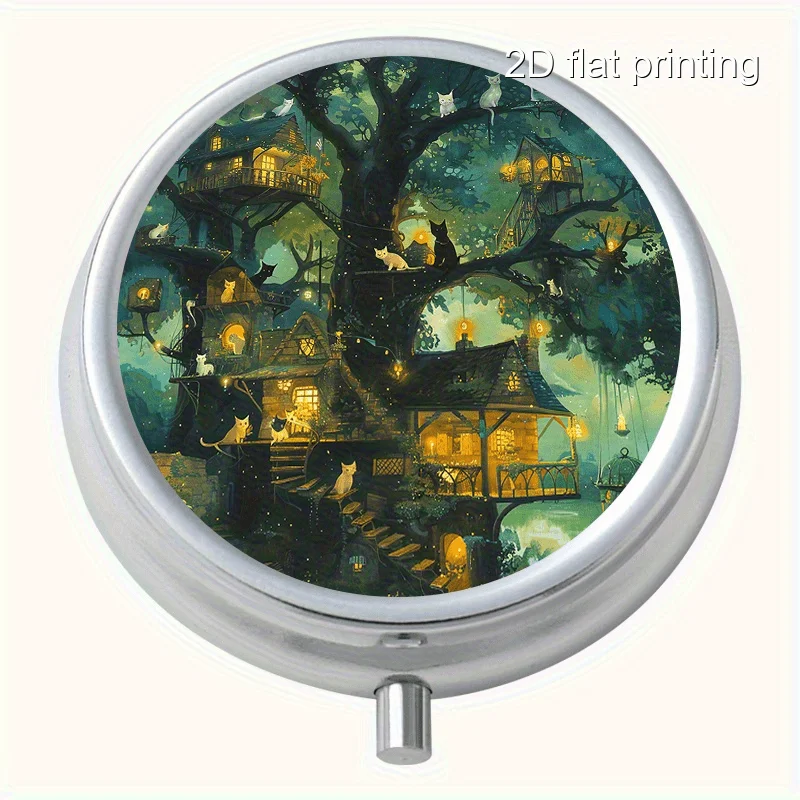 Treehouse Cat Creative Printed Pattern Round Metal Box with 3 Compartments, Portable Mini Metal Box, Vitamin Metal Box, Portable Metal Box for Home and Travel, Multifunctional Organizer Box for Decorations, Earrings, Jewelry, Multi-Compartment Storage Small Metal Box, Sealed and Moisture-Proof, Unique Holiday Gift for Family and Friends