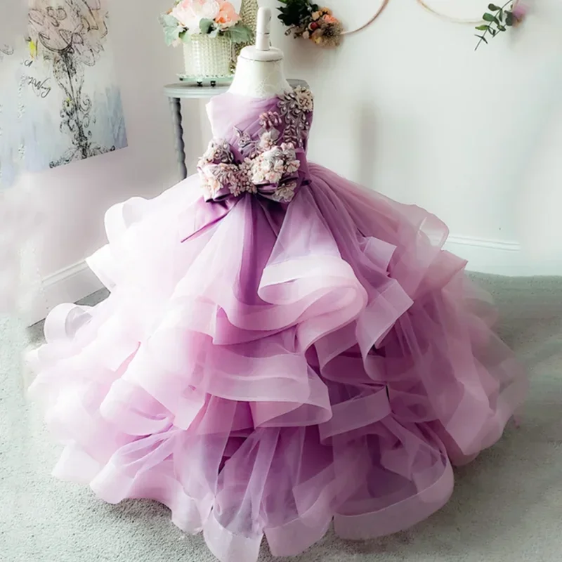 

Purple Flower Girl Dress Exquisite Floor-Length O-Neck Sleeveless Child Kids Wedding Birthday Party First Communion Gown