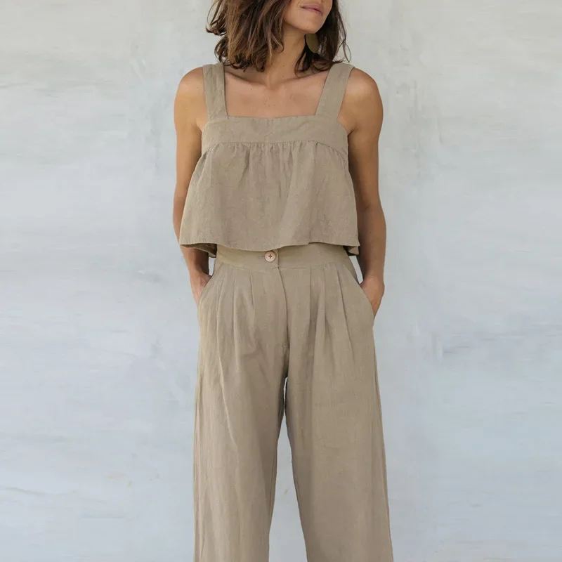 

Women Sets Two Pieces 2023 Spring Square Collar Tank Top & Wide Leg Pants Outfit Summer Backless Button Design Cotton Linen Suit