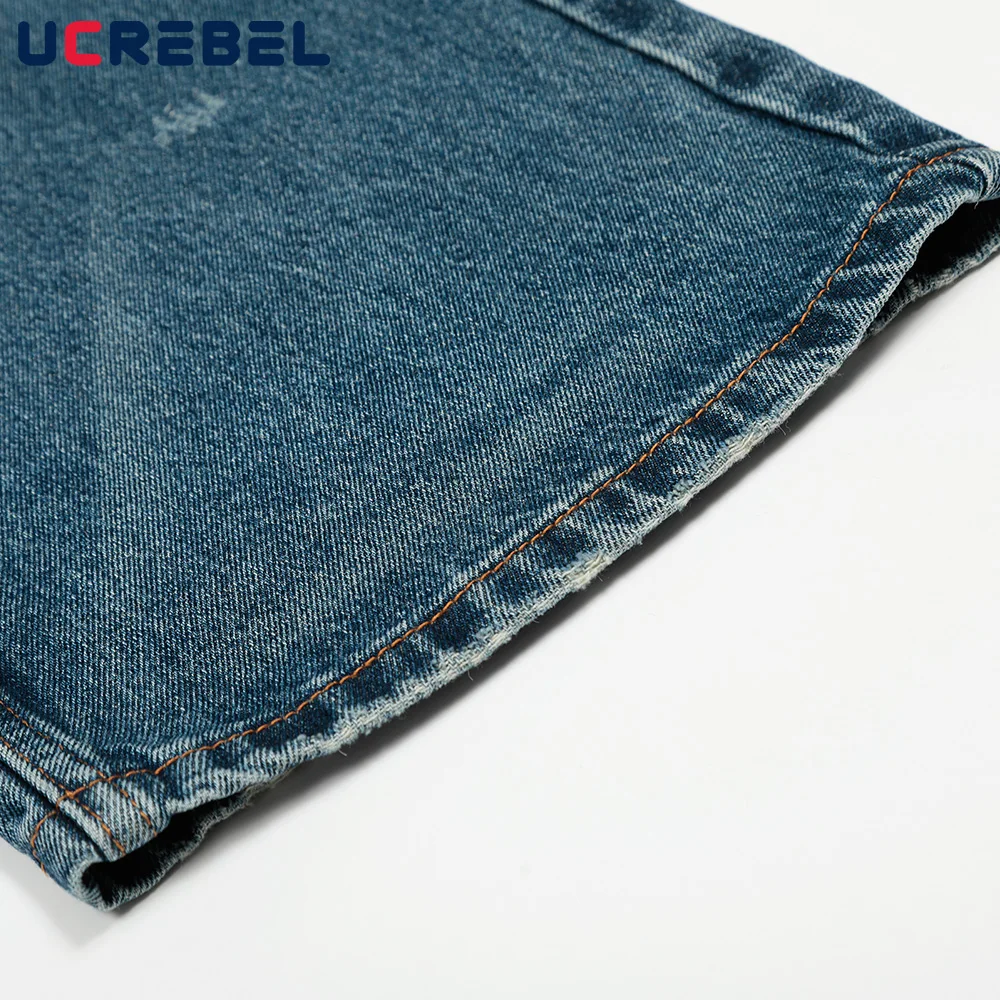 Gradient ย้อม Ripped กางเกงยีนส์ Mens High Street Retro ล้าง Distressed ตรง Baggy ขากว้างกางเกงผู้ชาย