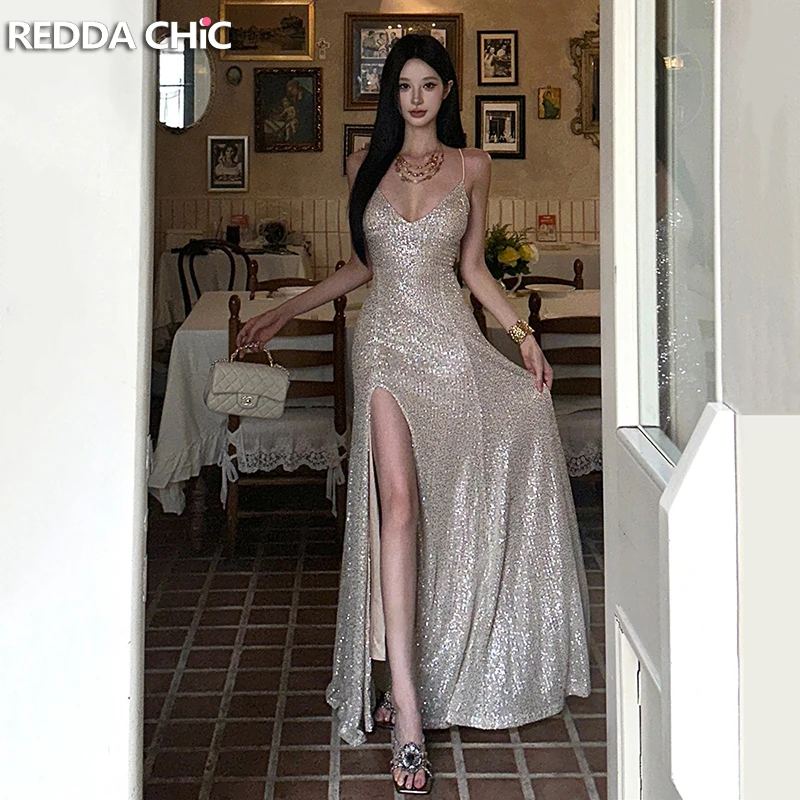 

REDDACHiC Вечернее платье цвета шампанского с блестками, с разрезом, на шнуровке, с открытой спиной, глубоким V-образным вырезом, макси-платье-комбинация, для дня рождения, выпускного вечера, женская одежда