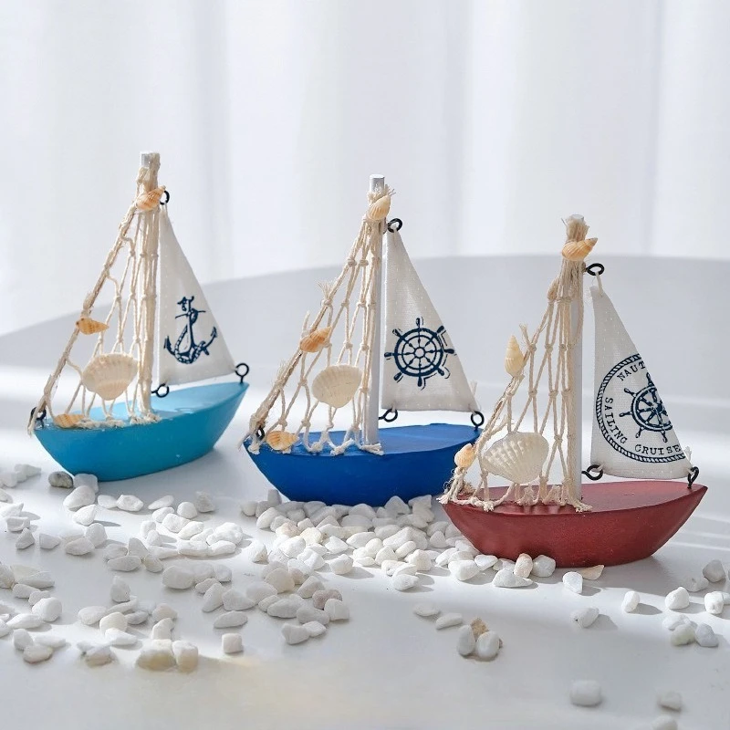 Mediterranean Style Blue White Shell Boat Decoration Wooden Sailboat Model Ornament, Creative Handmade Ship Craft for Home Decor