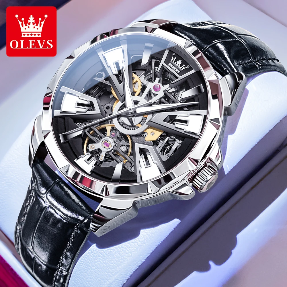 

OLEVS Brand Fashion Skeleton Watch Men Luminous Hands Mechanical Watches Leather Strap Luxury Automatic Tourbillon Wristwatch