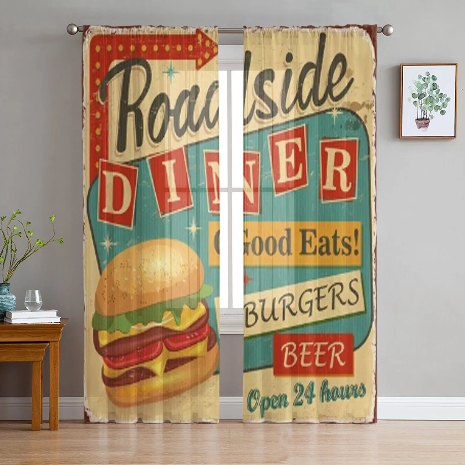 Vintage yol kenarında Diner Metal işareti sırf perdeleri oturma odası için şeffaf tül pencere perde yatak odası mutfak peçe perdeler