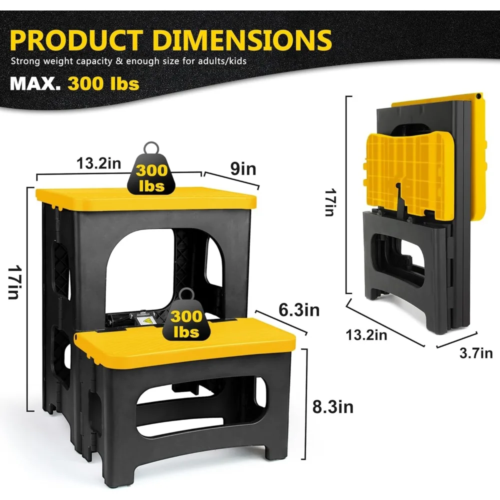 Folding 2-Step Stool, Non-Slip Portable Footstool 8" & 17" Dual Heights, Holds 300 lbs, Portable Footstool for Kitchen Home