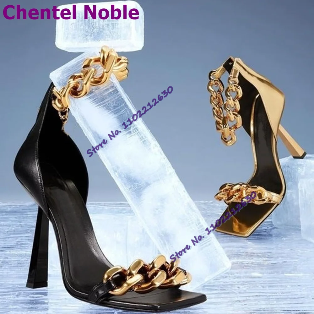 Metal Chain Luxury Sandals Square Toe Cover Heel Open Toe Zipper Stilettos New Arrival Fashion Women Shoes Party Dress Designer