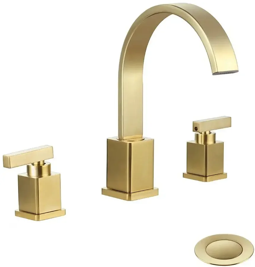 Luxury Brushed gold Brass Bathroom sink Faucet 2 Lever Handle 3 Holes Widespread Top Quality Copper Basin tap with Pop-Up Drain