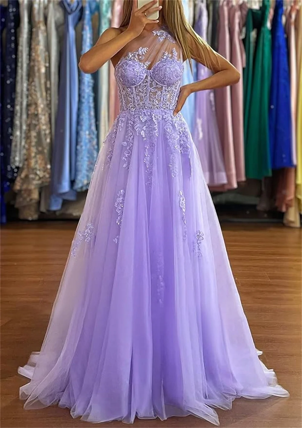 Sansa-Lavender Lace Appliques Prom Dress feminino, vestidos de tule de um ombro, elegantes vestidos de casamento sem mangas até o chão