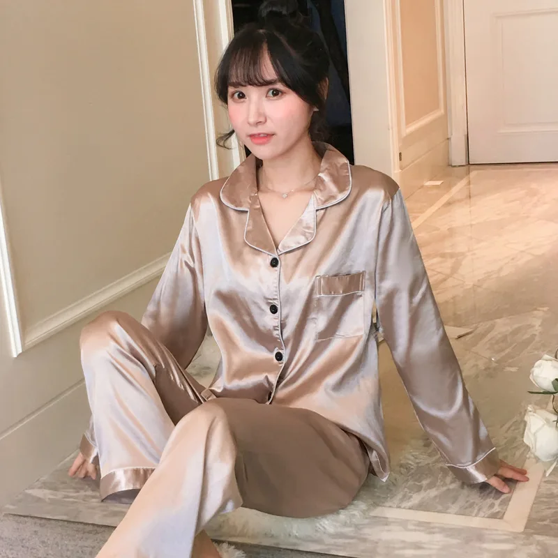 Pijamas de seda fina para mujer, ropa de casa con cuello holgado, pantalones largos de manga larga, conjunto de dos piezas, ropa de dormir femenina, primavera y otoño