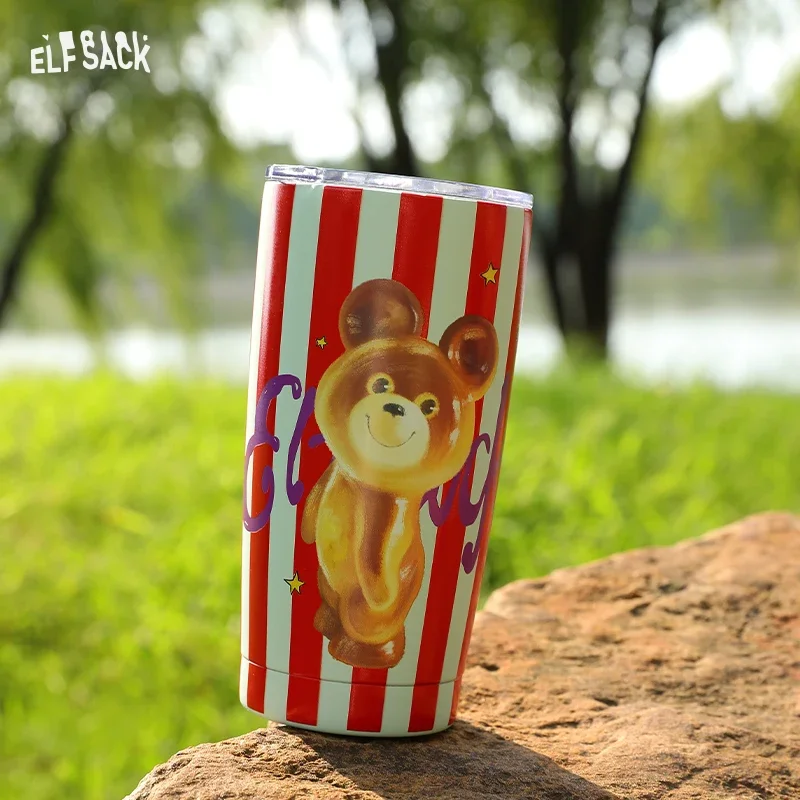 ELFSACK Whimsy Insulated Tumbler with Bear Stripe Graphic Print, Cute Stainless Steel Travel Cup for Daily Home Outdoor Use