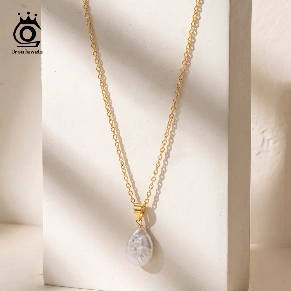 ORSA JEWELS Teardrop Shaped Baroque Pearl Pendant Necklace 925 Sterling Silver Dainty Irregular Pearl Jewelry for Women GPN118
