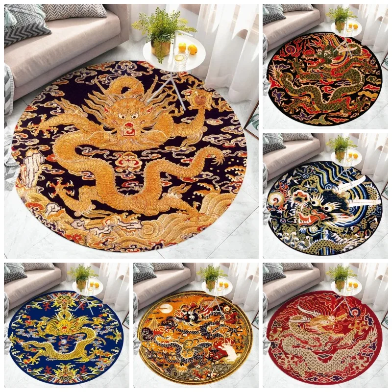 Chinese Dragon Abstract Round Rug for Bedroom Living Room Carpet Antiquity Home Decor Retro Art Phoenix Floor Mat Circle Rug