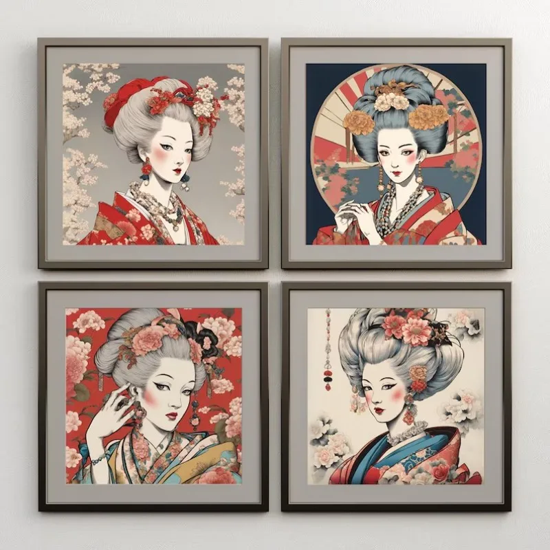 Japanese Geisha Modern Oiran Poster Ukiyo-e Style Asian Woman Kimono Canvas Painting Wall Art for Living Room Home Decor Mural