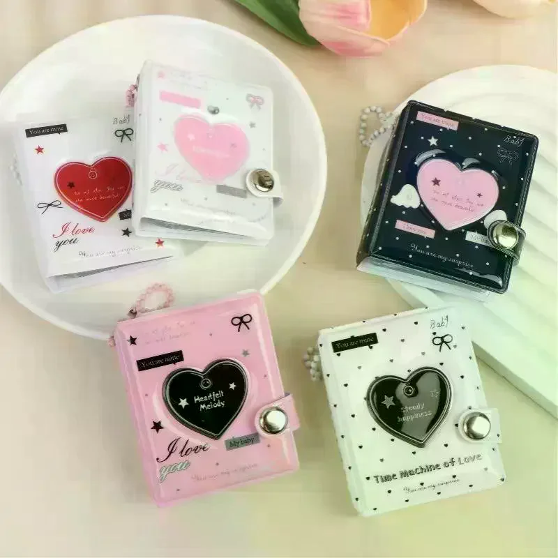 Korean Cute Heart Mini Photocard Album 32 Pockets Portable Kpop Photocard Holder Keychain Collect Book Backpack Decor Gifts