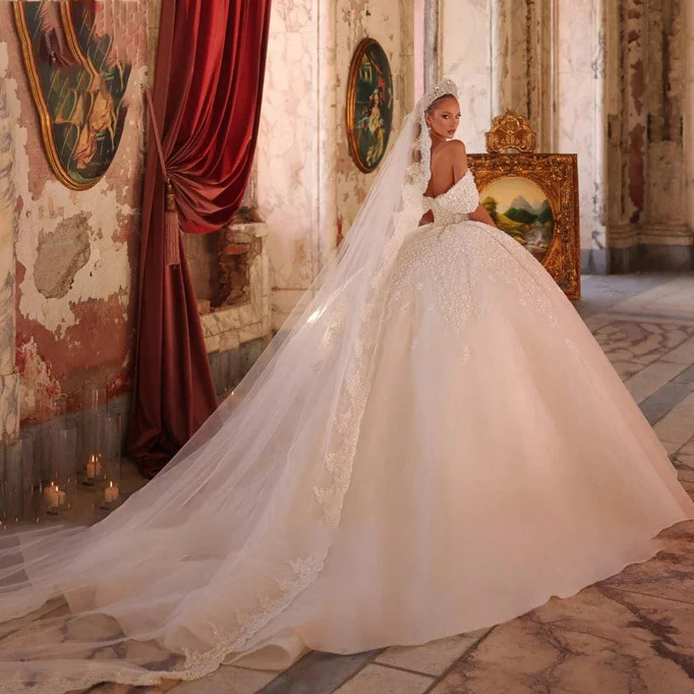 맞춤 제작된 고급스러운 볼 가운 오프숄더 웨딩드레스 스위트하트 칼라 레이스 스팽글 신부 드레스 베스티도 데 노비아