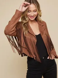 Women Y2k Fringed Hem Tassel Cardigan Crop Tops E-girl Motor Biker Jacket Suede Leather Jacket 90s Vintage Streetwear Coat Cool