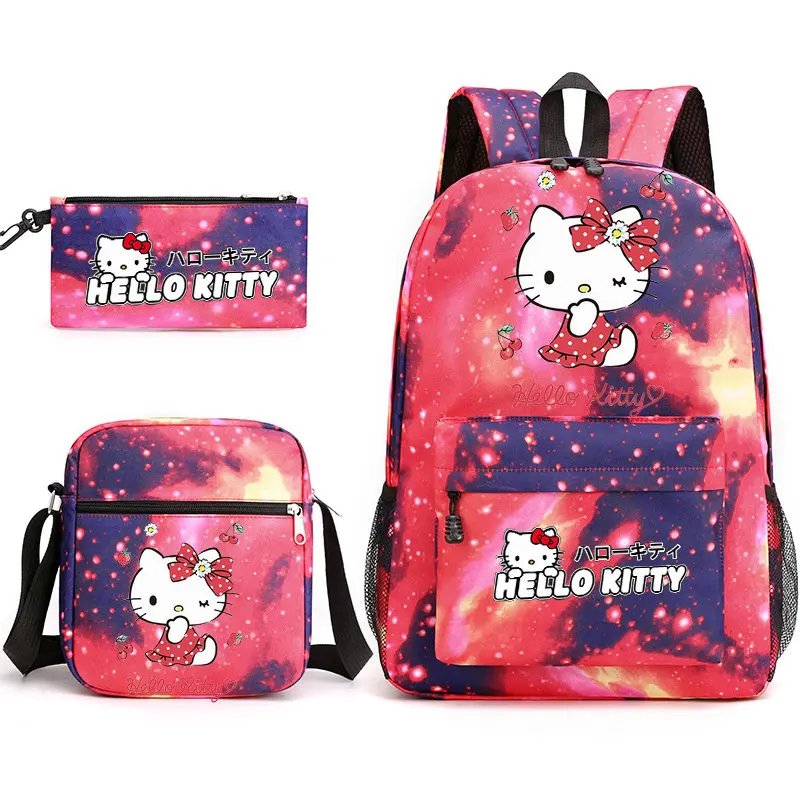 Hello Kitty New Kawaii 3Pcs Boy Girl Kids School Book Bags Travel Backpack Shoulder Bag Pen Bag For Men Women