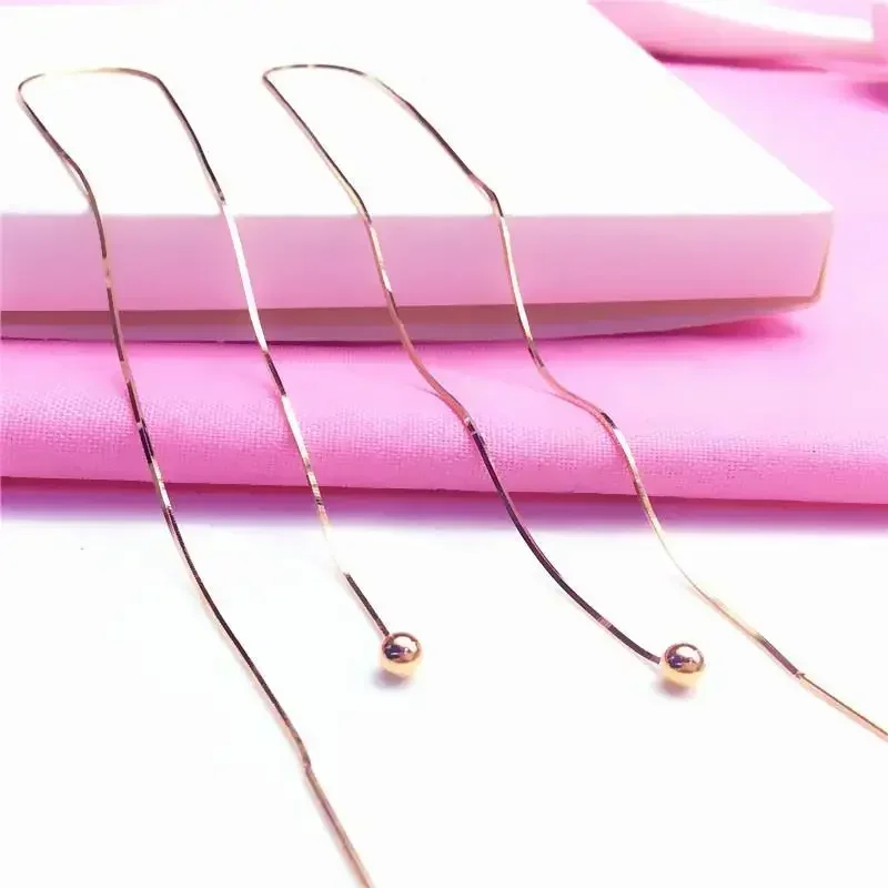 585 Purple Gold Small Round Bead Long Soft Chain Earrings for Women 14K Rose Gold Shiny Ear Line Light Luxury Party Jewelry