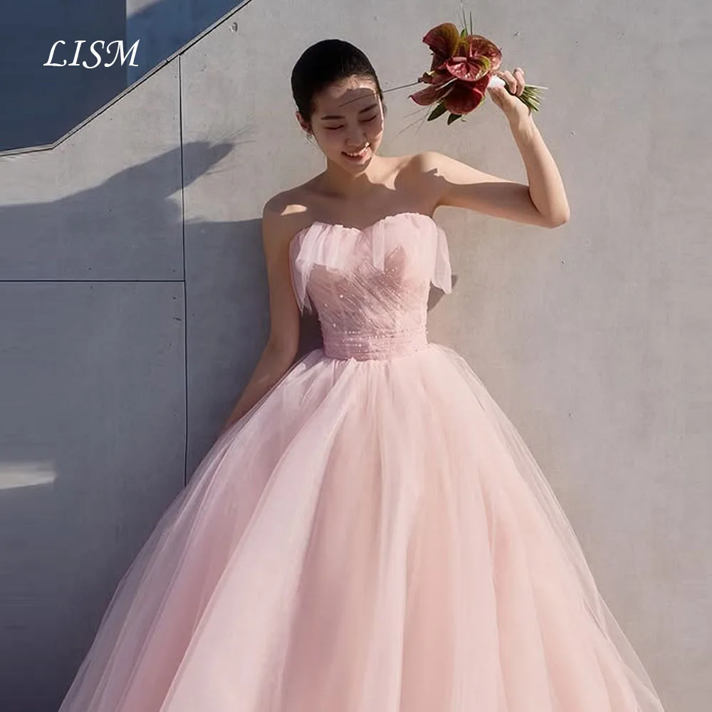 LISM スイートハートピンクイブニングドレス 韓国風フォトシュート用スイートプロムガウン コルセットバックパーティードレス カスタム結婚式ドレス