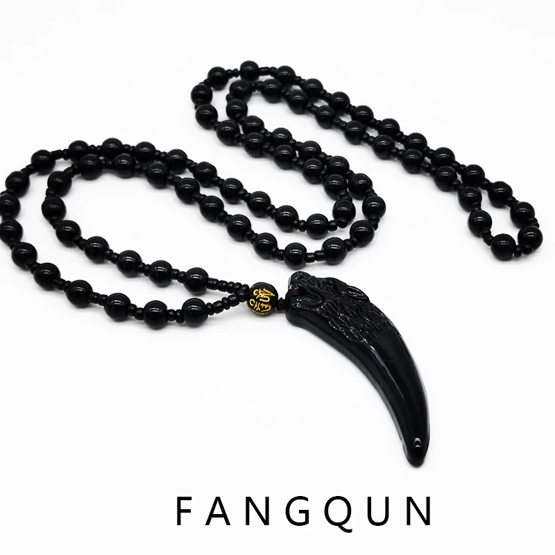 New Fashion Black Obsidian Wolf Tooth Spike Pendant Necklace For Women Men Stone Beads Chain Necklace Jewelry Gifts