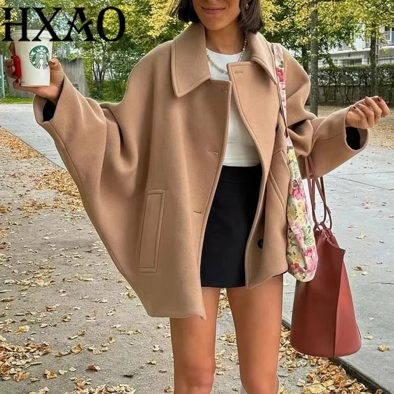 

HXAO Women's Wool&Blend Coat Outerwear 2024 Autumn Winter Elegant Long Sleeve Coat Ladies Fashion Office Khaki Green Black Coat