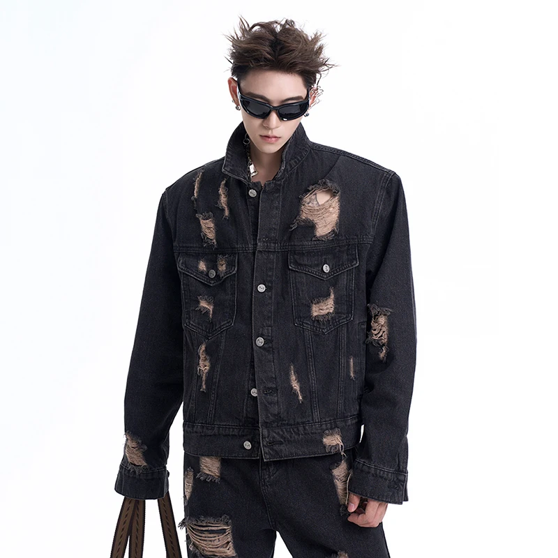 FEWQ Men\'s Shoulder Pad Denim Jacket Autumn Vintage Turn-down Collar Long Sleeve Single Breast 2024 Male Sets Fashion 24E2186