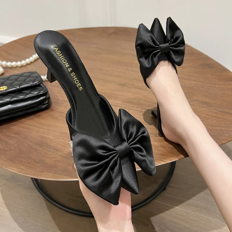 2022 Summer Bow Ladies Shoes Fashion Pointed Toe Women Slippers Stiletto High Heel Women Temperament Single Shoes Female