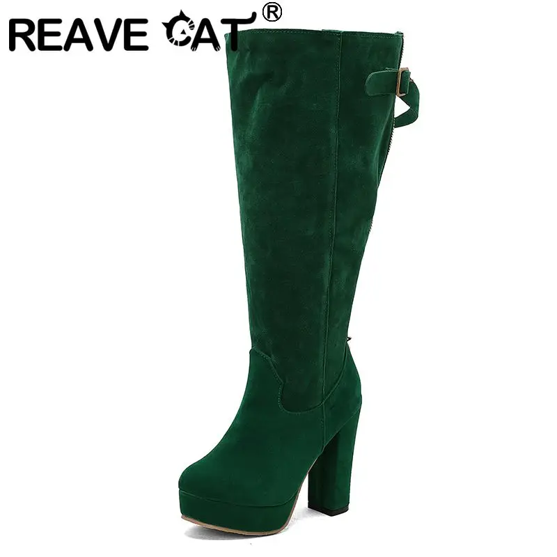 

REAVE CAT 2025 Женские сапоги до колена с круглым носком и блочным каблуком 11 см, платформа 3 см, молния из флока, замша, большой размер 46 47 48 Dating Bota