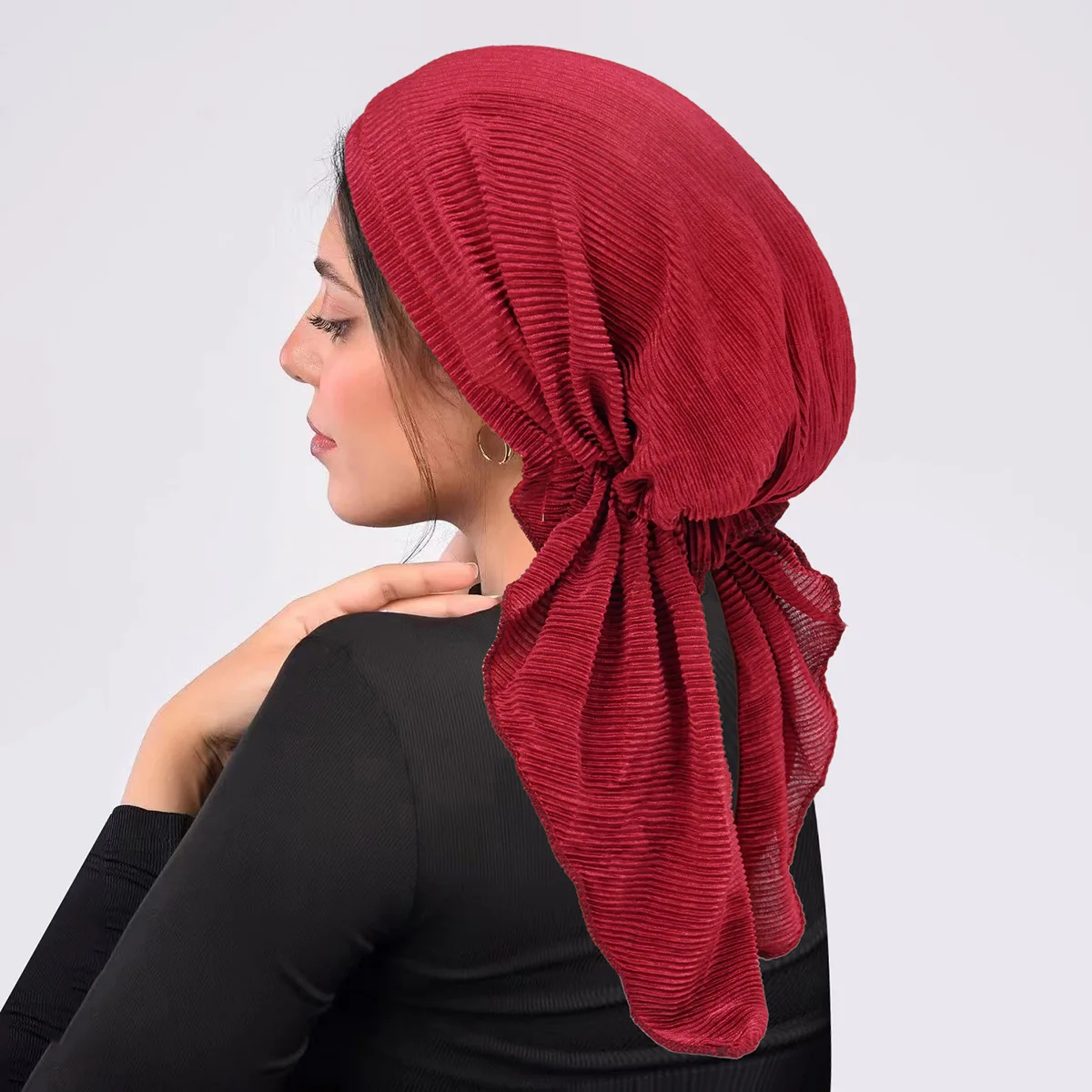 Novas mulheres pré-amarrado chapéu muçulmano hijab plissado lenço turbante quimio boné perda de cabelo cabeça envoltório bandanas bandana turbante mujer