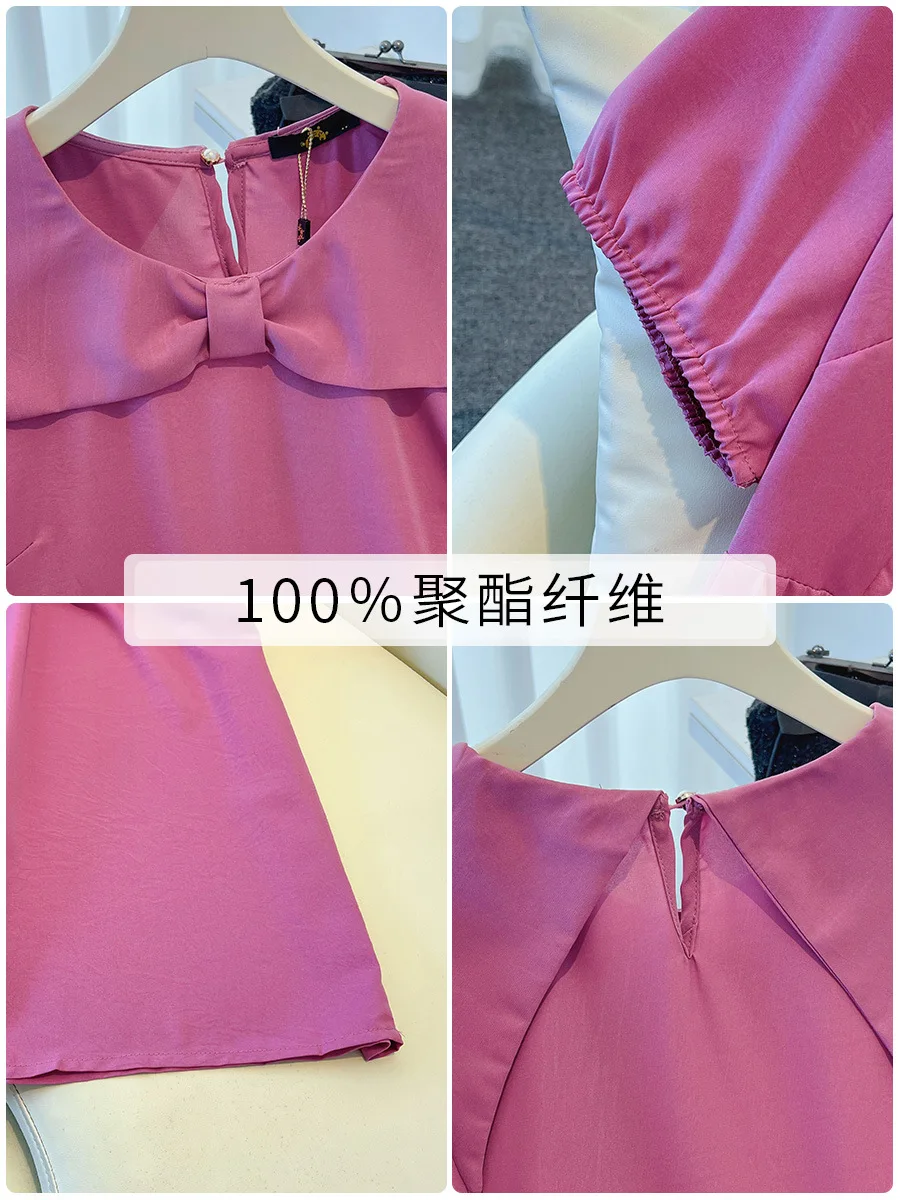 150Kg Plus Size Women\'s Bust 150 Summer Loose Bow Short-Sleeved Doll Collar A-Line Dress Black Rose-Red 5XL 6XL 7XL 8XL 9XL