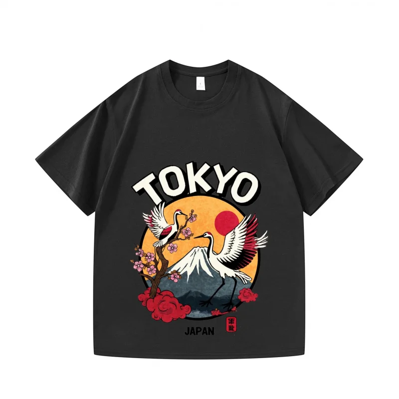 تي شيرت رجالي أسود طوكيو اليابان جبل فوجي كرين ساكورا مطبوعة ملابس يومية غير رسمية السفر الصيف الموضة