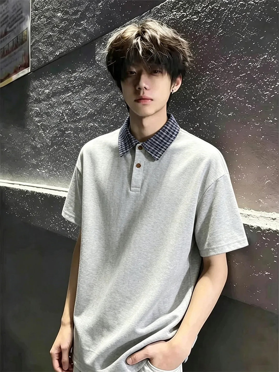 Black  Shirt Short Sleeve Men's Summer Plaid Collar Design American College Style T-Shirt False Two-Piece Breathable Soft...