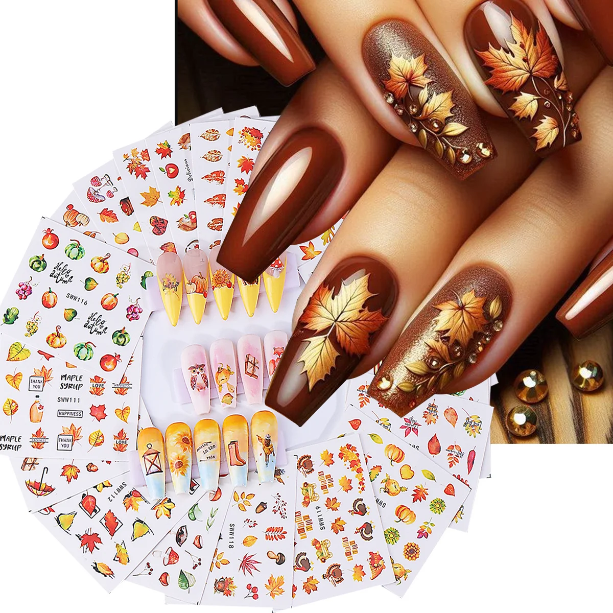 24pcs Fall Maple Leaf Nail Stickers Water Transfer Decals Geometry Leaves Mushroom Turkey Pumpkin Squirrel Design Manicure Decor