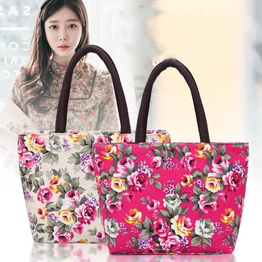 Durable Cute Flower Shopping Bag Canvas Ladies Handbag Women Bucket Bag Floral Print Shoulder Bag Casual Handbags