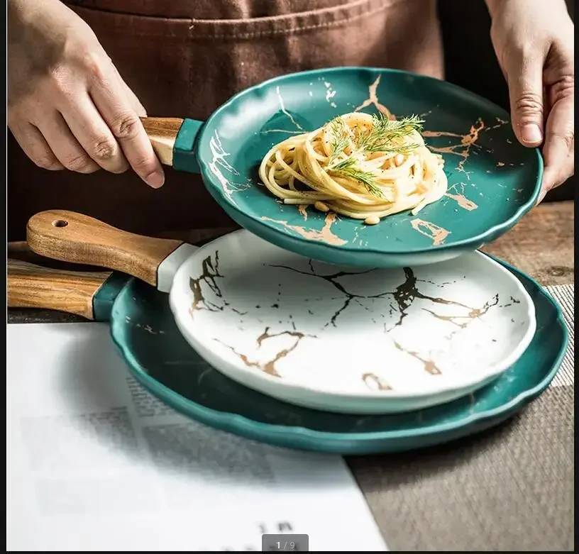 

Marbling Ceramic Plate Western Dishes Steak Plate Wooden Handle Round Dinner Plates Restaurant Tableware Home Fruit Snack Tray