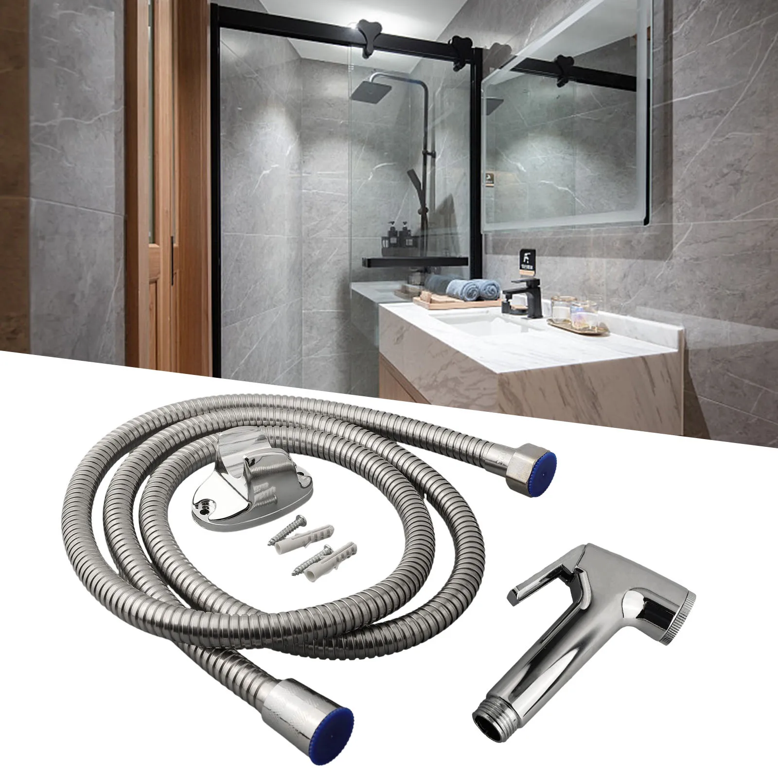 Chrome-Finished Bidet Shower Head with Wall Bracket Stainless Steel Hose and ABS Nozzle for Domestic Toilet Tasks
