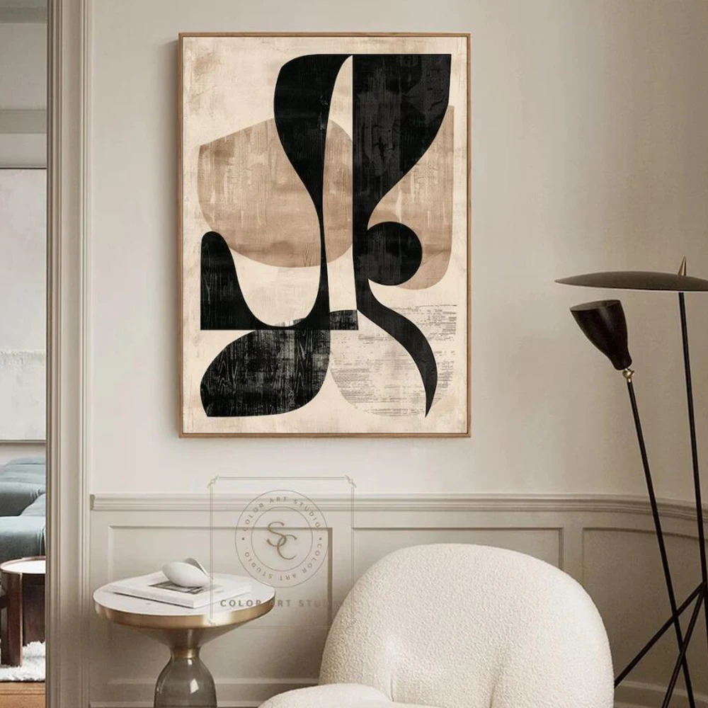 100% Handmade Abstract Oil Painting Black Gray Line Thick Textured Wall Art Picture Large Mural For Home Living Room Decor Image