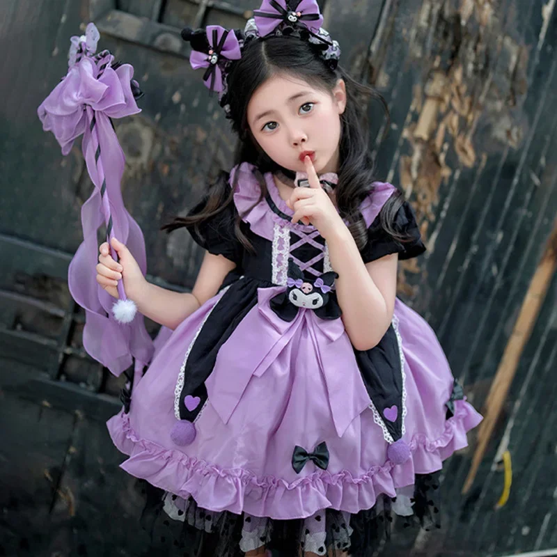 Sanrio-vestido de princesa Kuromi Lolita para niños, disfraz de verano, falda hinchada, traje bonito, regalo de cumpleaños Kawaii, 2024