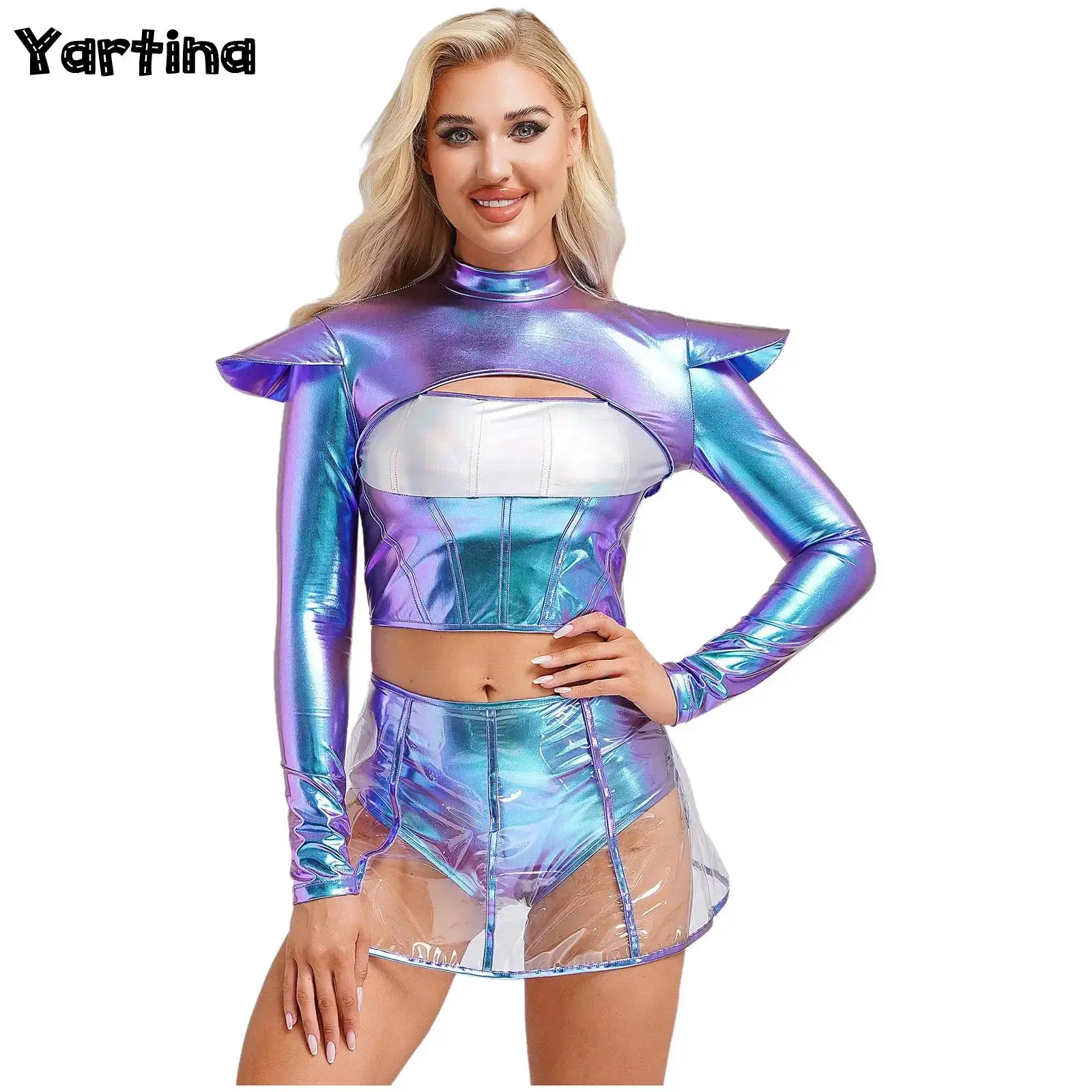 Disfraz de astronauta del espacio exterior alienígena para mujer, disfraz de Robot, Top corto calado con falda, trajes de juego de rol, ropa para discoteca de baile en barra