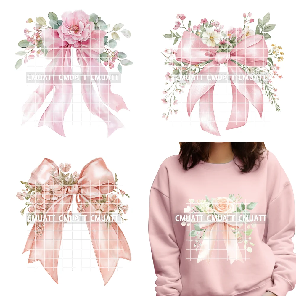 

Trendy Pink Flower Bow Silk Wedding Coquette Girly Ribbon Tied Printed Iron on DTF Transfers Stickers Ready to Press for Clothes