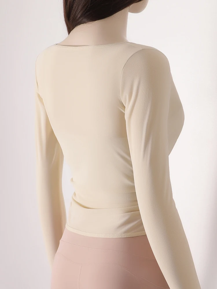 New Style Women\'s Cross Long Sleeve Running Tops Fall Side Waist Wrinkled Bra Padded Exercise Yoga T-shirt