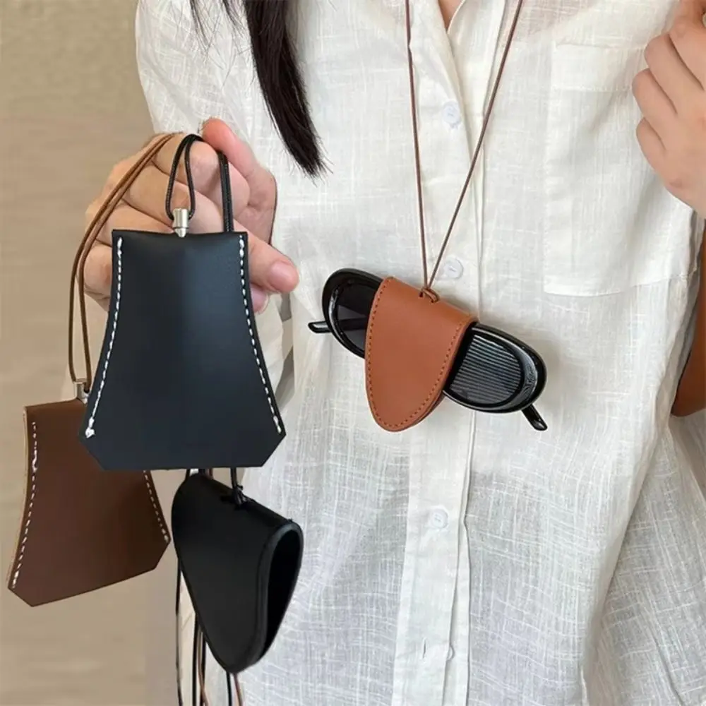 Unisex Leather Eyeglasses Storage Bag Pendant Durable Storage Hanging Rope Glasses Clip Simple Multifunction Hanging Neck Pouch