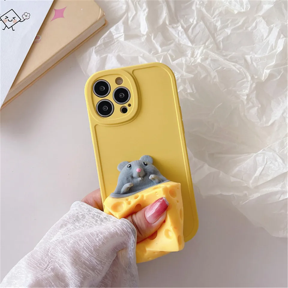 Cute Soft Squishy Yellow Cheese Mouse Phone Case For Iphone X XR XS 11 12 13 Pro Max 7 8 Plus Back Cover Coque Reliver Stress
